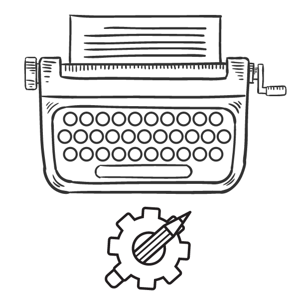 Grafik einer Schreibmaschine, darunter ein Zahnrad mit einem Bleistift in der Mitte