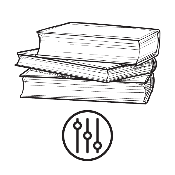 Grafik eines Bücherstapels, darunter ein geschlossener Kreis mit Schiebereglern